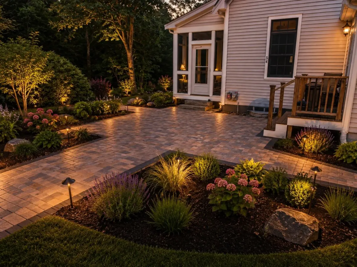 Paver patio with bordered planting beds and landscape lighting