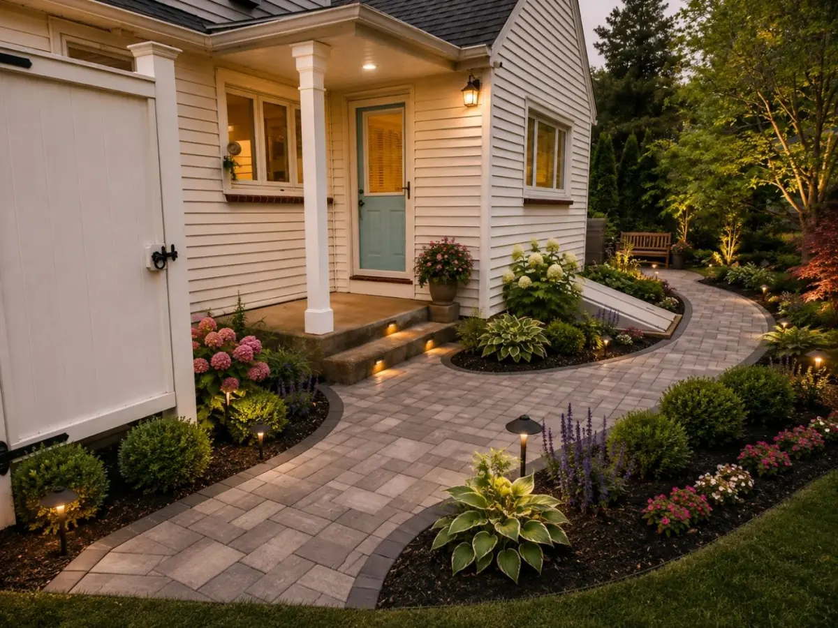 Curved paver walkway with garden borders leading to a front door